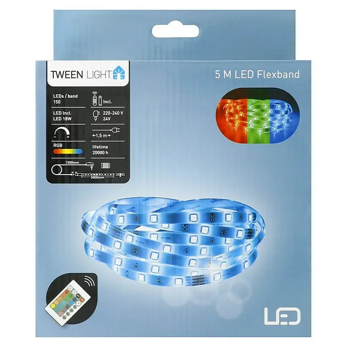 Tween Light LED-Band - Länge: 5 m, Lichtfarbe: RGB, 24 W - Produktverpackung für ein 5 m langes LED-Flexband mit 150 LEDs, RGB-Fähigkeit, Fernbedienung und einer Lebensdauer von 20.000 Stunden.