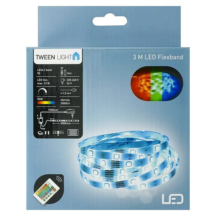 Tween Light LED-Band - Länge: 3 m, Lichtfarbe: RGB, 12 W - Produktverpackung einer 3 Meter langen LED-Flexband-Leuchte von Tween Light mit technischen Details und Abbildungen.