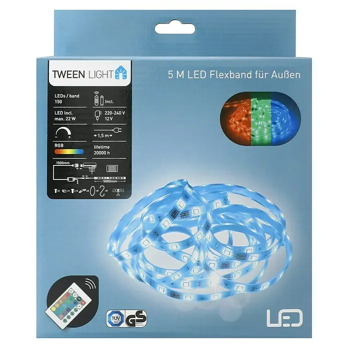 Starlux LED-Band Outdoor - Länge: 5 m, Lichtfarbe: RGB, 22 W - Nahaufnahme der Verpackung eines 5-Meter-LED-Flexbands für den Außenbereich mit technischen Daten und Abbildungen.