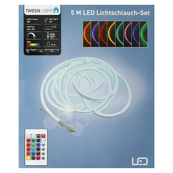 Starlux LED-Lichtschlauch - 5 m, 6 W, RGB - Produktverpackung eines 5M LED Lichtschlauch-Sets der Marke Tween Light mit verschiedenen Farboptionen und Fernbedienung.