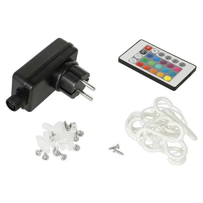 Starlux LED-Band Outdoor - Länge: 5 m, Lichtfarbe: RGB, 22 W - Das Bild zeigt ein LED-Lichterketten-Zubehörset, inklusive Stecker, Fernbedienung, Befestigungsklammern und Schrauben, alles auf einem schwarzen Hintergrund.