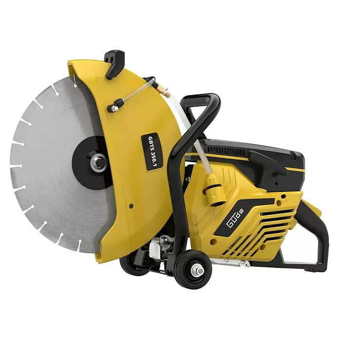 Güde Betontrennschneider GBTS 350.1 - 2,9 kW, Durchmesser Scheibe: 350 mm, Schnitthöhe: 115 mm - Gelbe und schwarze Trennsäge mit großem Kreissägeblatt, Wasseranschluss und Rädern für Beton- oder Mauerwerksarbeiten.