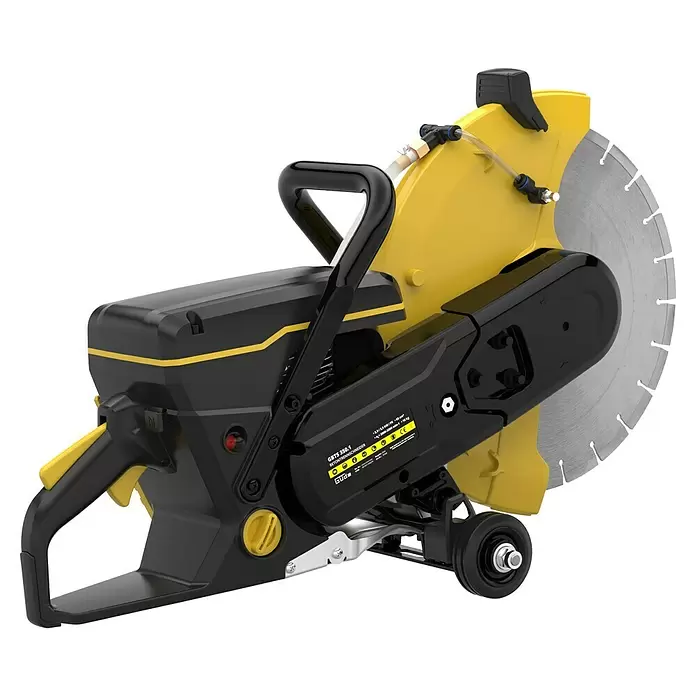 Güde Betontrennschneider GBTS 350.1 - 2,9 kW, Durchmesser Scheibe: 350 mm, Schnitthöhe: 115 mm - Gelbe und schwarze Betontrennsäge mit großem Sägeblatt und kleinen Rädern.