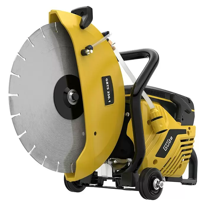 Güde Betontrennschneider GBTS 350.1 - 2,9 kW, Durchmesser Scheibe: 350 mm, Schnitthöhe: 115 mm - Gelb-schwarze Trennsäge mit großem Kreissägeblatt und Griffen, mit kleinen Rädern für Mobilität.