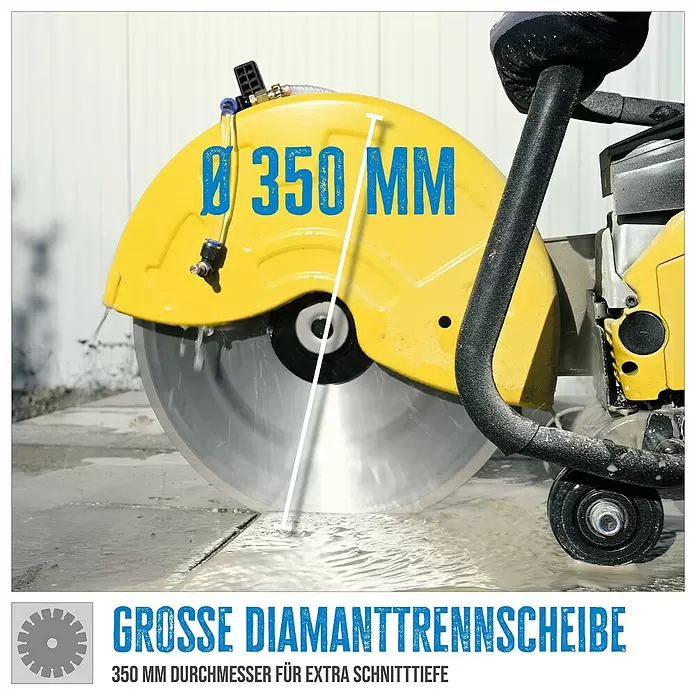 Güde Betontrennschneider GBTS 350.1 - 2,9 kW, Durchmesser Scheibe: 350 mm, Schnitthöhe: 115 mm - Gelber Trennschleifer mit großer 350mm Diamanttrennscheibe beim Schneiden von Pflaster für tiefe Schnitte.