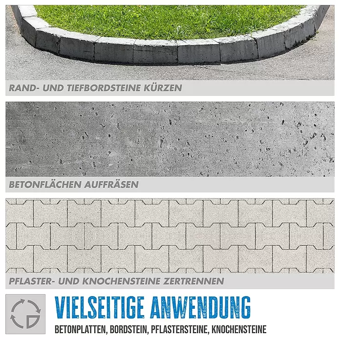 Güde Betontrennschneider GBTS 350.1 - 2,9 kW, Durchmesser Scheibe: 350 mm, Schnitthöhe: 115 mm - Anwendungen für Betonplatten, Bordsteine, Pflastersteine und Knochensteine, dargestellt durch Schneide- und Fräsbeispiele.