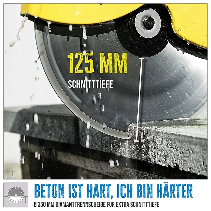 Güde Betontrennschneider GBTS 350.1 - 2,9 kW, Durchmesser Scheibe: 350 mm, Schnitthöhe: 115 mm - Große Diamanttrennscheibe, 350mm, schneidet tief in Beton mit Kühlwasser, zeigt 125mm Schnitttiefe.