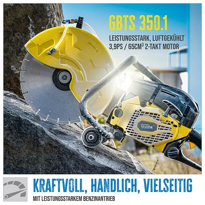 Güde Betontrennschneider GBTS 350.1 - 2,9 kW, Durchmesser Scheibe: 350 mm, Schnitthöhe: 115 mm - Benzin-Trennschleifer Güde GBTS 350.1, gelb-schwarz, mit Diamantblatt auf Felsen, bereit für schwere Schneidarbeiten.