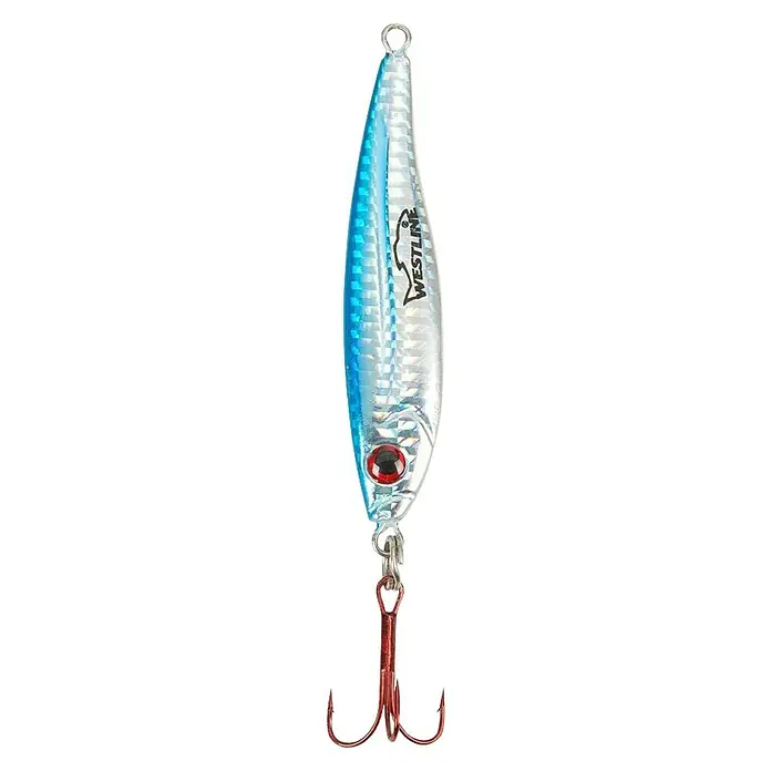 Westline Taumel-Pilker Flap Pilk - 40 g, M, 3D-Auge - Nahaufnahme eines silbernen Westline-Angelköders mit blauem Akzent und rotem Drilling, isoliert auf Weiß.