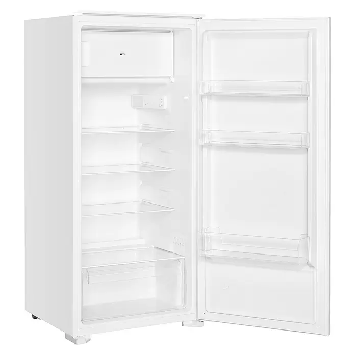 PKM Kühl-Gefrierkombination KS184.4EEB - Nutzinhalt Gesamt: 181 l, 54 x 54 x 123 cm, Weiß - Offener weißer Kühlschrank mit transparenten Kunststoffregalen und Türfächern, der sein geräumiges Inneres zeigt.