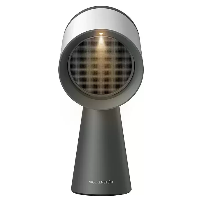 Wolkenstein Kochfeldabzug WTH3-28 - Breite: 50 cm, Silber, Max. Gebläseleistung Abluftbetrieb: 142,38 m³/h - Modernes grau-weißes Luftreinigungs-/Ventilatorgerät mit beleuchtetem Gitter und konischem Sockel.