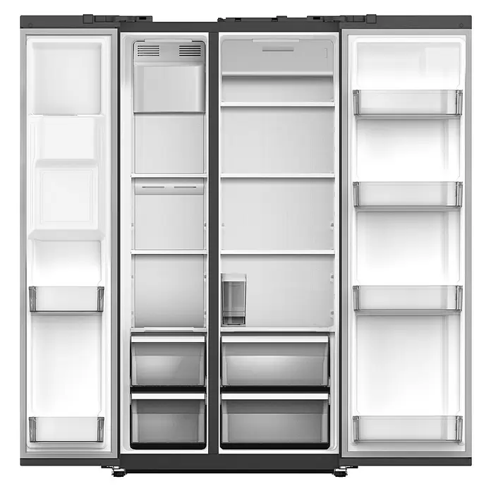 Wolkenstein Kühl-Gefrierkombination WSBS556NFICMEIX - Nutzinhalt Gesamt: 556 l, 76,6 x 91,1 x 178 cm, Inxo-Design - Geöffneter Side-by-Side Kühlschrank mit weißem Innenraum, transparenten Ablagen und Schubladen in Gefrier- und Kühlfächern.