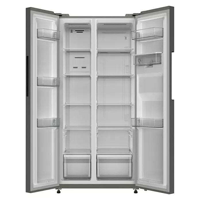 PKM Kühl-Gefrierkombination GKS SBS490NFWDIXJ - Nutzinhalt Gesamt: 444 l, 61 x 83 x 178,5 cm, Inox-Design - Ein offener, leerer, grauer Side-by-Side-Kühlschrank mit transparenten Regalen und Schubladen.