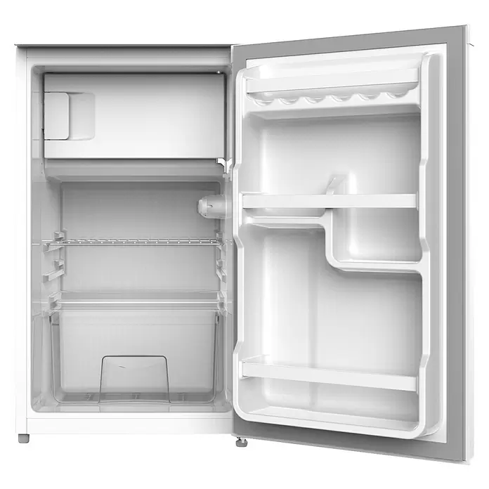 PKM Kühl-Gefrierkombination KS85.3EUB - Nutzinhalt Gesamt: 81 l, 54,5 x 48 x 82,5 cm, Weiß - Geöffneter weiß-grauer Minikühlschrank mit leerem Innenraum, Gefrierfach, Ablagen und Türfächern.