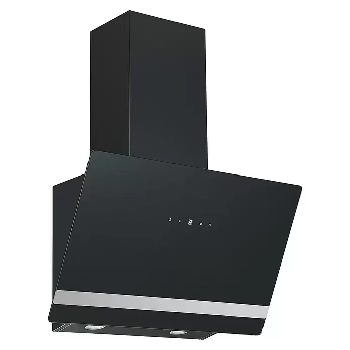 PKM Schräghaube S21-60ABTH - Breite: 60 cm, Max. Gebläseleistung Abluftbetrieb: 562,6 m³/h, Schwarz - Schwarze Wand-Dunstabzugshaube mit Glasplatte, Digitalanzeige und silberner Zierleiste.