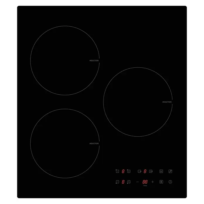PKM Kochfeld IF3F - Anzahl Induktionskochstellen: 3 Stk. - Schwarzes Induktionskochfeld aus Glaskeramik mit drei Zonen und roten LED-Touch-Bedienelementen inklusive Timer.