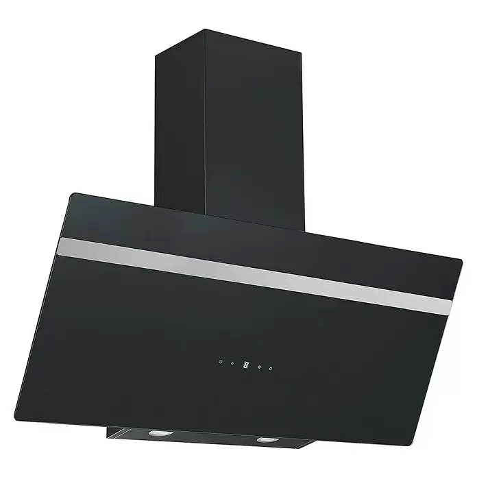 PKM Schräghaube S20-90ABTH - Breite: 90 cm, Max. Gebläseleistung Abluftbetrieb: 562,6 m³/h, Schwarz - Schwarze schräge Dunstabzugshaube mit Edelstahlakzent und Digitalanzeige.