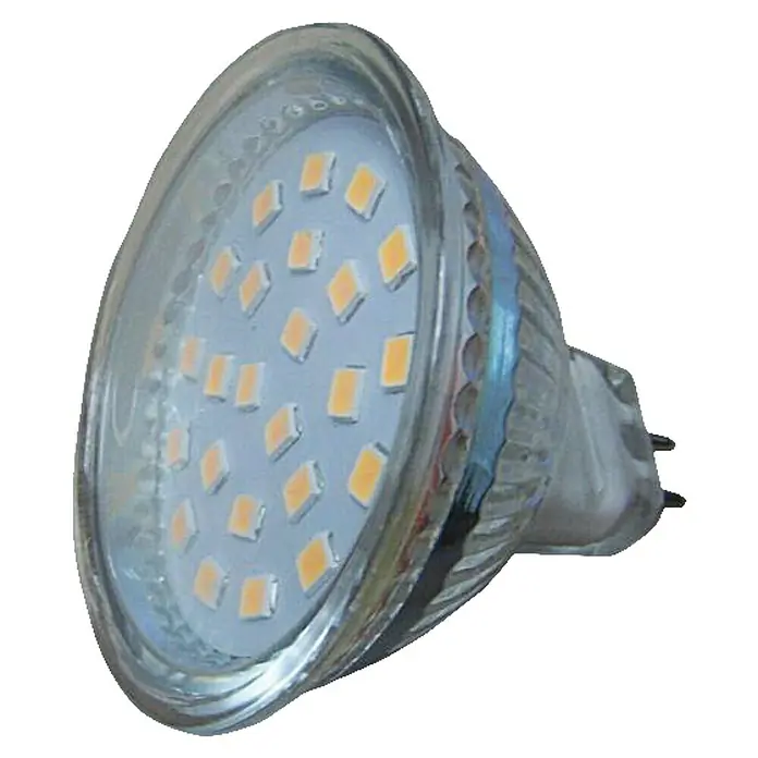 Voltolux Bombilla LED - GU5,3, No regulable, Blanco cálido, 320 lm, 4,5 W - Primer plano de una bombilla LED MR16 con carcasa transparente, una solución de iluminación moderna y eficiente para diversas aplicaciones.