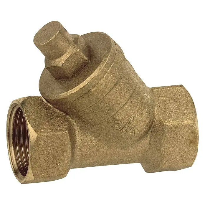 Rückschlagventil - Innengewinde: 1″, Messing - Messing Y-Filter mit 3/4 Zoll Anschlüssen, ideal für Sanitäranwendungen und zur Filterung von Verunreinigungen im Wasser.