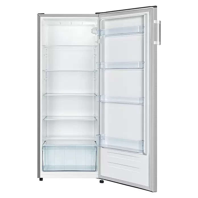 PKM Vollraumkühlschrank KS242.OEIX - Nutzinhalt Gesamt: 242 l, 58,8 x 55 x 143,4 cm, Inox-Design - Offener silberner Kühlschrank mit leerem weißen Innenraum, transparenten Glasregalen und Türfächern, der seine Staufächer zeigt.
