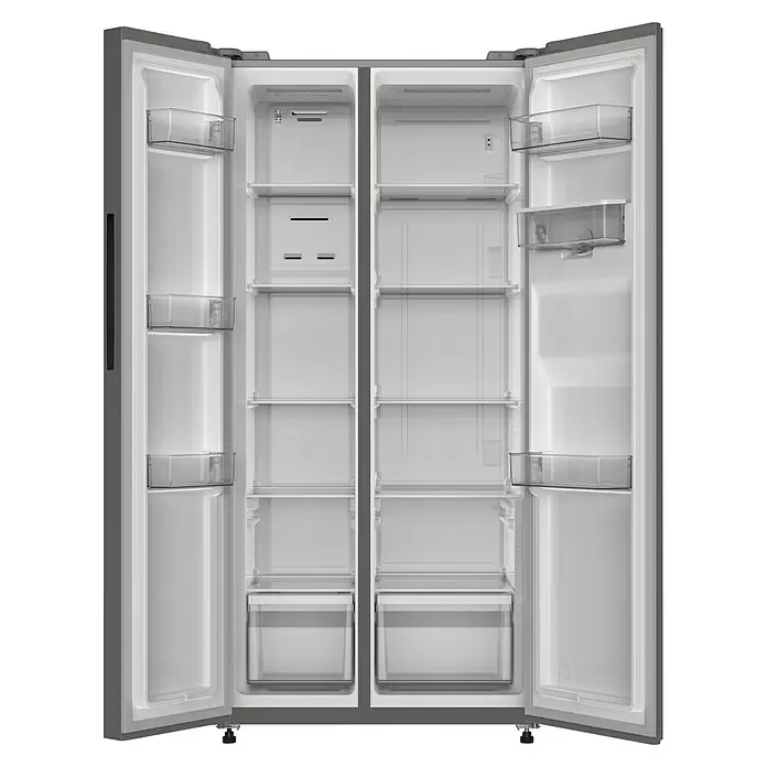 PKM Kühl-Gefrierkombination SBS 480NFWDBJ - Nutzinhalt Gesamt: 444 l, 61 x 83 x 178,5 cm, Schwarz - Leerer, offener Side-by-Side-Kühlschrank in Silber mit weißem Innenraum, transparenten Ablagen und unteren Schubladen.