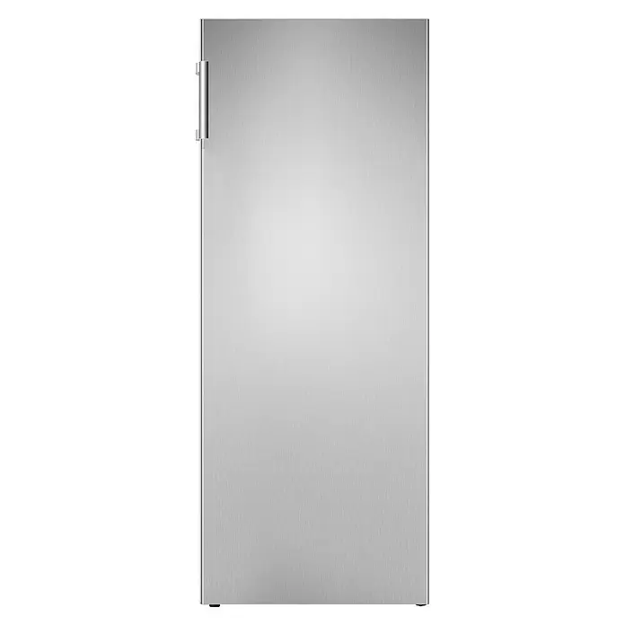 PKM Vollraumkühlschrank KS242.OEIX - Nutzinhalt Gesamt: 242 l, 58,8 x 55 x 143,4 cm, Inox-Design - Gebürstete Edelstahltür eines Kühlschranks mit vertikalem Griff.