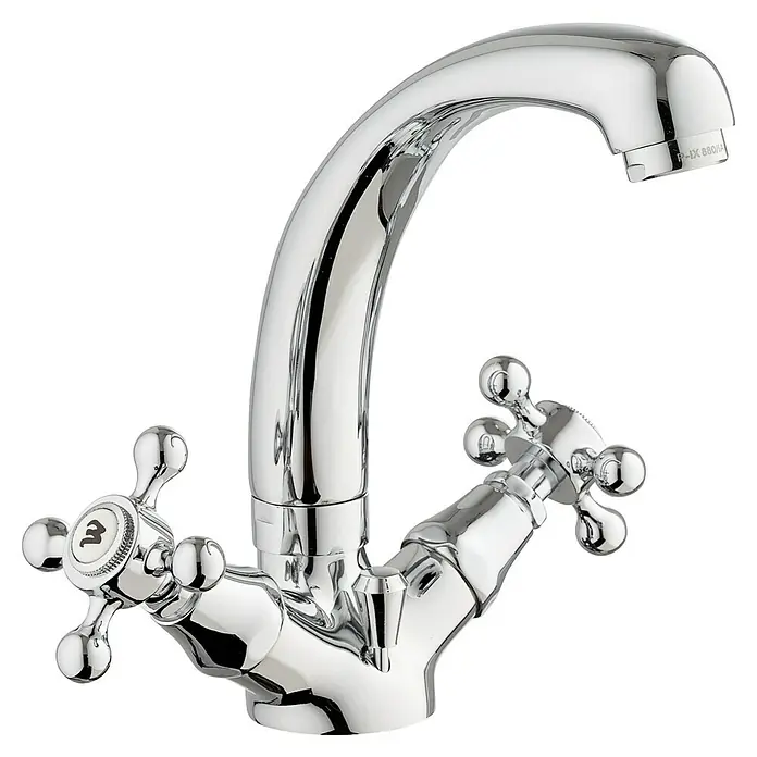 Camargue Nostalgie Grifo de lavabo - Cromo - Brillante grifo de dos mandos cromado con un elegante caño curvo, perfecto para baños y cocinas con estilo.