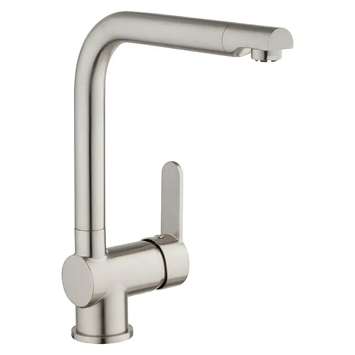 Camargue Spültischarmatur BarcelonaNiederdruck, Edelstahl, Matt - Ein stilvoller, gebürsteter Nickel-Wasserhahn mit einem schlanken, modernen Design, perfekt für jede Küche oder Badezimmer. Hochwertige Verarbeitung und zeitlose Ästhetik.