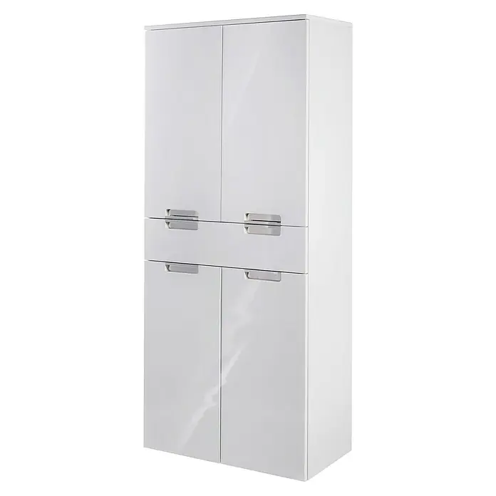 Schildmeyer Sunny Hochschrank - 65 x 35 x 159 cm, Weiß glänzend - Ein weißer, hochglänzender Schrank mit vier Türen und minimalistischen Griffen, ideal für moderne Stauraumlösungen.