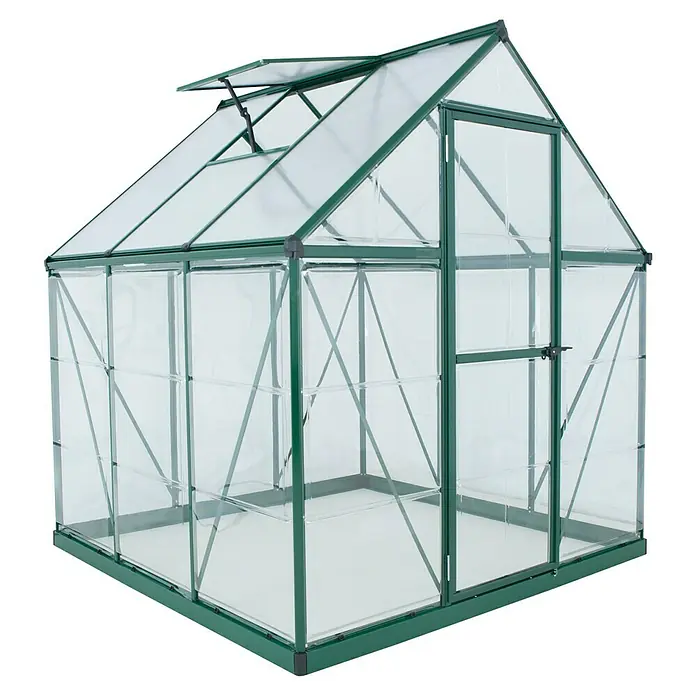 Palram – Canopia Gewächshaus Hybrid - Außenmaß inkl. Dachüberstand (B x T): 185 x 186 cm, 0,7 mm, Grün - Ein grünes Gewächshaus mit klaren Paneelen und einem Dachfenster für den Garten. Ideal für den Anbau von Pflanzen und Gemüse.