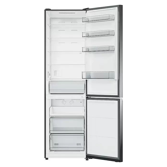 Wolkenstein Kühl-Gefrierkombination WKG456ENFDDIX - Nutzinhalt Gesamt: 456 l, 68 x 59,5 x 201 cm, Schwarz Inox-Design - Offener silberner Kühlschrank mit weißem Innenraum, klaren Glasböden und transparenten Gefrierschubladen.