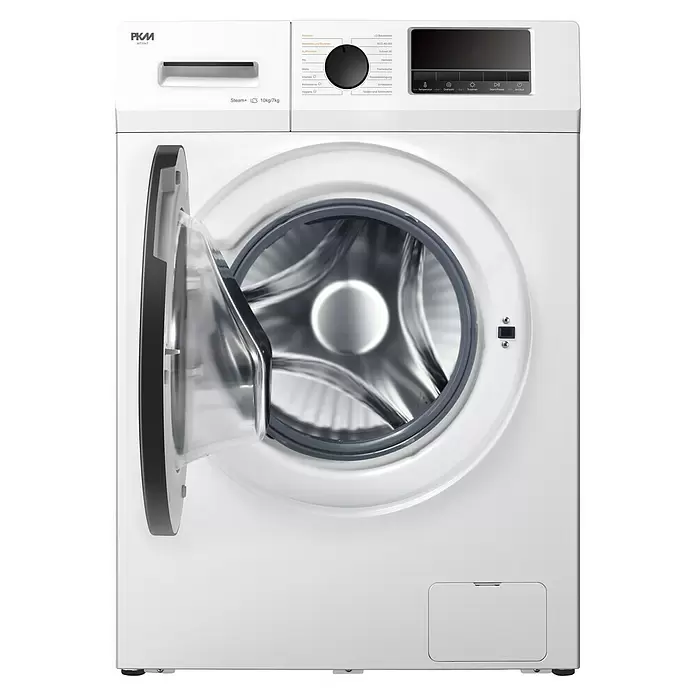 PKM Waschtrockner WT10+7 - Max. Ladegewicht: 10 kg, Anzahl Programme: 16 Stk., Weiß - Weißer PKM WT10+7 Waschtrockner mit offener transparenter Tür, Edelstahltrommel und schwarzem Bedienfeld.