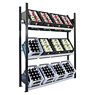 Getränkekistenregal für 12 Kisten (H x B x T: 180 x 130 x 30 cm, Stecken, Schwarz-Silber)