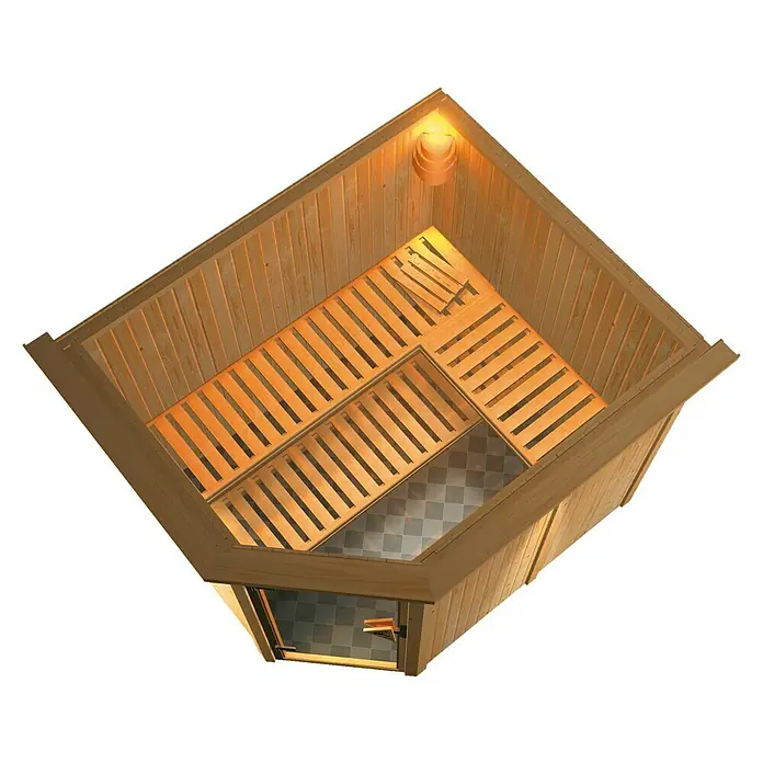 Karibu Elementsauna Malin - Mit 9 kW Bio-Ofen mit externer Steuerung, Mit Dachkranz und Beleuchtung, L x B x H: 245 x 210 x 192 cm - Innenansicht einer Holzsauna mit Bänken, Bodenfliesen und einer Lichtquelle. Das Design ist hell und einladend.