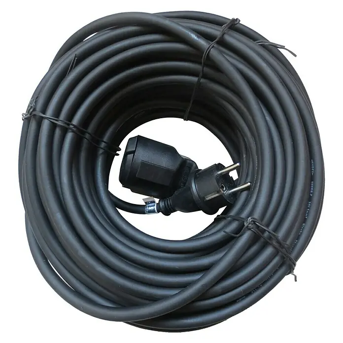 Voltomat Verlängerungskabel - 25 m, Schwarz, IP44, H05RR-F - Eine schwarze Kabeltrommel mit Stecker, perfekt für den Einsatz im Freien und den Anschluss verschiedener Geräte.