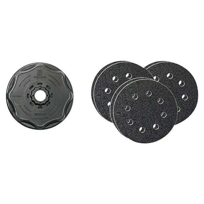 Fein Starlock Plus Schleifteller-Set - Durchmesser: 115 mm, 7 -tlg. - Eine Nahaufnahme von einem Schleifteller und drei Schleifscheiben, die für Schleifarbeiten verwendet werden.