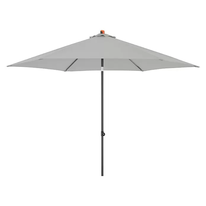 Doppler Marktschirm myZone Push Up - Hellgrau, Durchmesser Bespannung: 300 cm - Heller grauer Sonnenschirm mit dunkelgrauem Mast und orangefarbener Spitze.