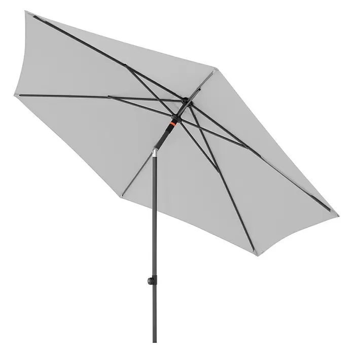 Doppler Marktschirm myZone Push Up - Hellgrau, Durchmesser Bespannung: 300 cm - Offener, rechteckiger, hellgrauer Sonnenschirm mit dunkelgrauem Gestell und Stange.