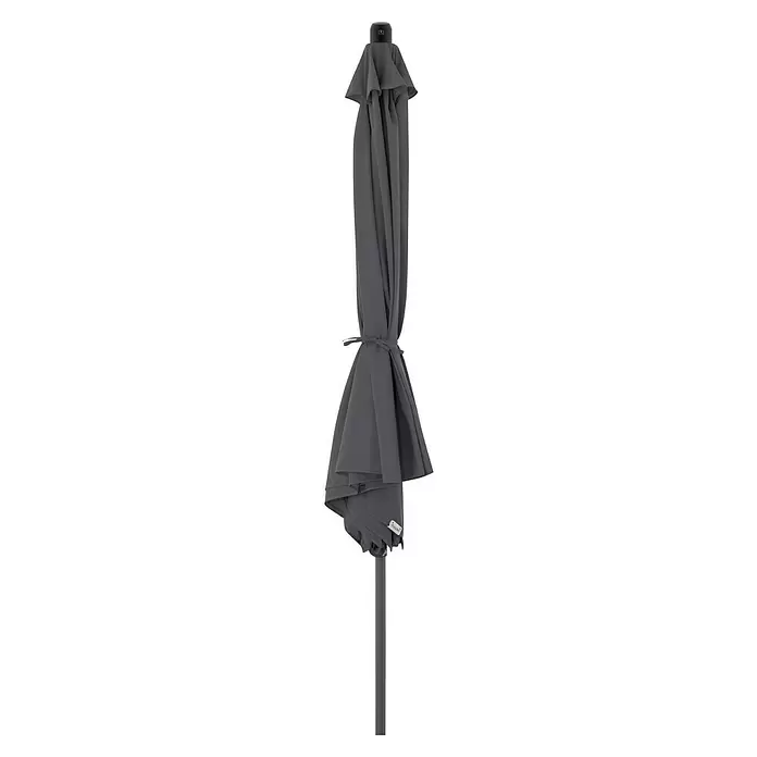 Doppler Marktschirm rund myZone Push Up - Anthrazit, Durchmesser Bespannung: 300 cm - Grauer geschlossener Schirm, mit Band gebunden.