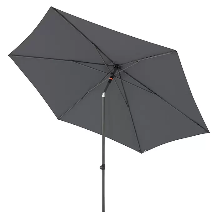 Doppler Marktschirm rund myZone Push Up - Anthrazit, Durchmesser Bespannung: 300 cm - Grauer, rechteckiger Terrassenschirm mit geneigtem Schirmdach, von unten gesehen, zeigt seine Struktur.