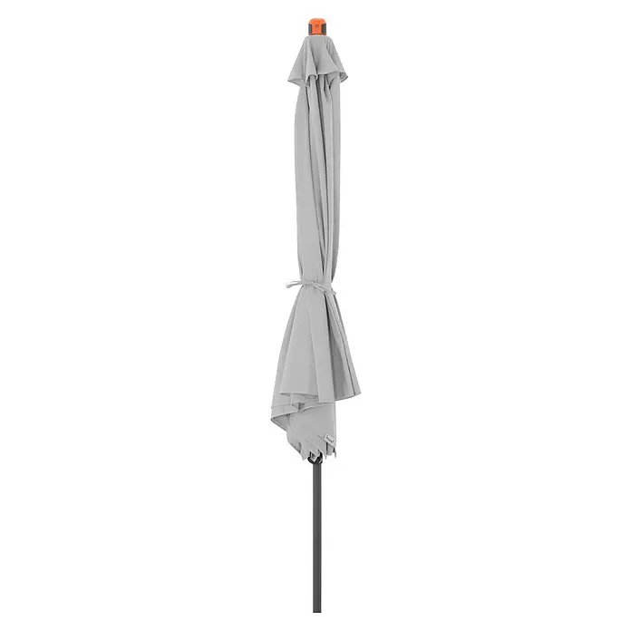 Doppler Marktschirm myZone Push Up - Hellgrau, Durchmesser Bespannung: 300 cm - Geschlossener hellgrauer Terrassenschirm mit orangefarbenem Oberteil, mit passendem Band gebunden.