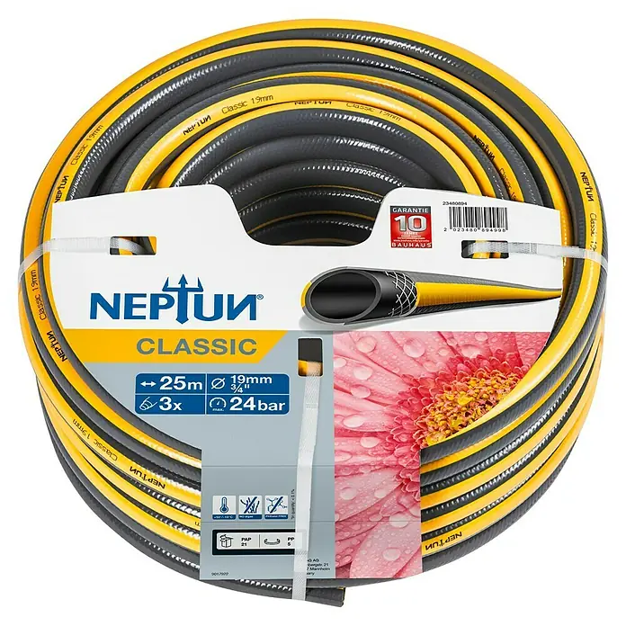 Neptun Classic Gartenschlauch Vorgängerversion - Länge: 25 m, Schlauchdurchmesser: 19 mm, ¾″ - Aufgerollter NEPTUN Classic Gartenschlauch (25 m, 19 mm Durchmesser) mit Produktinformationen auf der Verpackung.