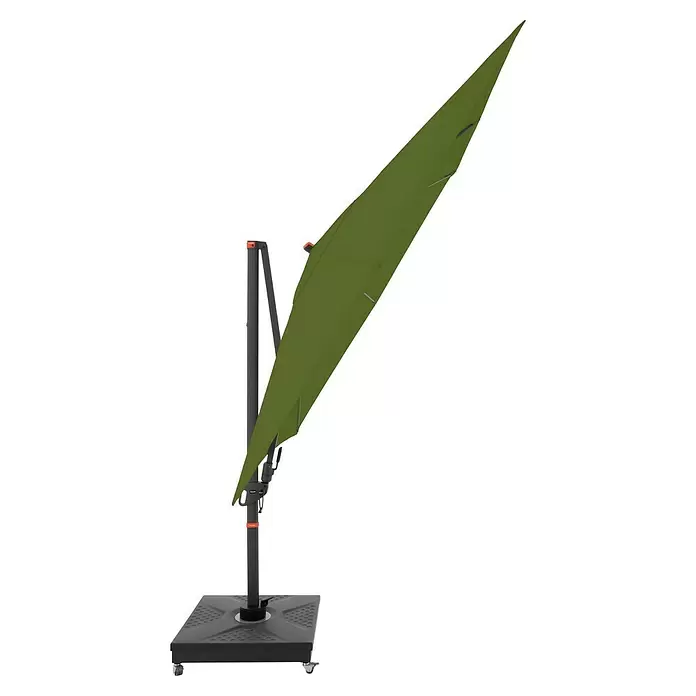 Doppler Ampelschirm myZone AX - Kiwi, Bespannungsmaß (L x B): 280 x 280 cm - Geklappter grüner Ampelschirm mit dunkelgrauem Mast und Rollfuß.