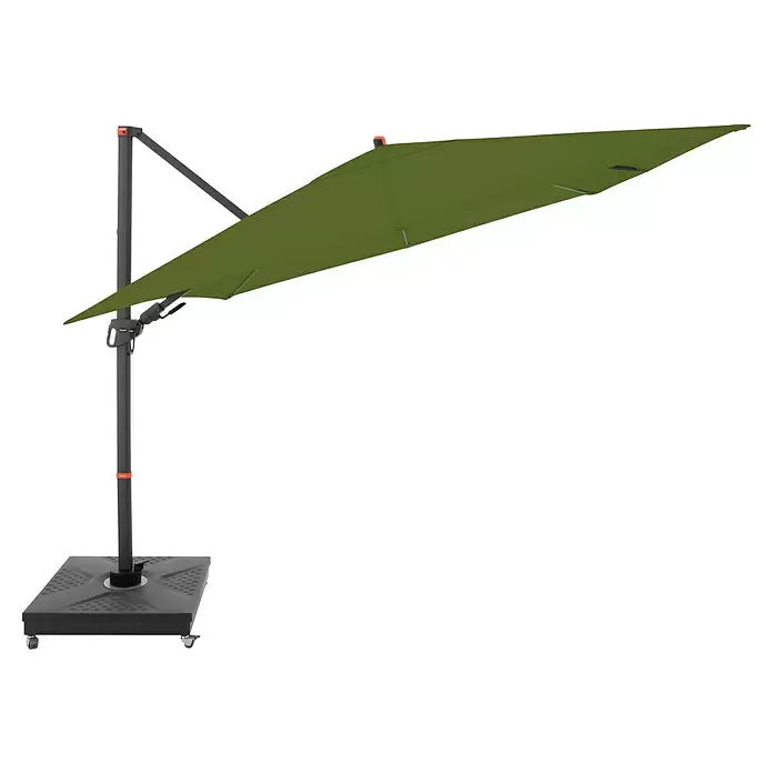Doppler Ampelschirm myZone AX - Kiwi, Bespannungsmaß (L x B): 280 x 280 cm - Olivgrüner Ampelschirm mit dunkelgrauem Gestell und rollbarem Quadratfuß.