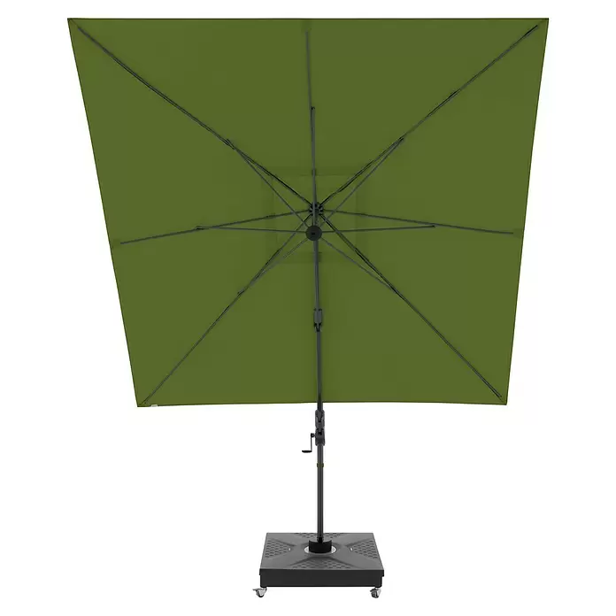 Doppler Ampelschirm myZone AX - Kiwi, Bespannungsmaß (L x B): 280 x 280 cm - Olivgrüner Ampelschirm mit dunkelgrauem Gestell und quadratischem Rollsockel, von unten gesehen.