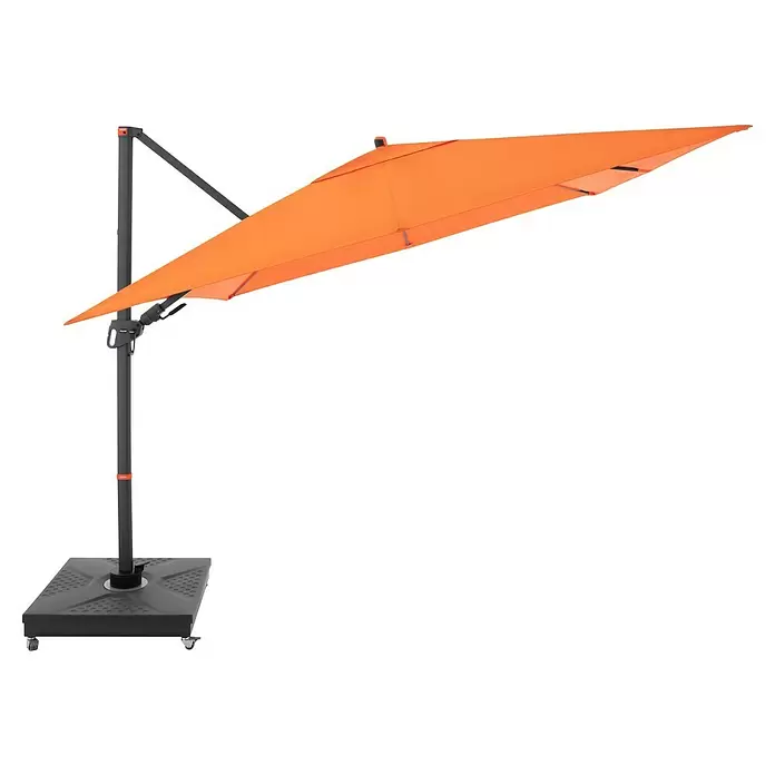 Doppler Ampelschirm myZone AX - Orange, Bespannungsmaß (L x B): 280 x 280 cm - Orangefarbener Ampelschirm mit dunkelgrauem Mast und quadratischem Rollensockel.