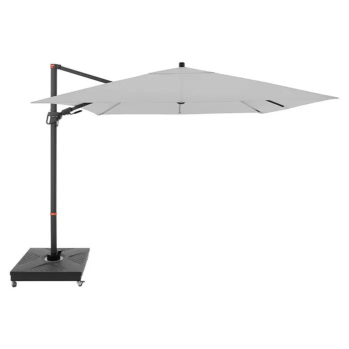 Doppler Ampelschirm myZone AX - Hellgrau, Bespannungsmaß (L x B): 280 x 280 cm - Moderne graue Ampelschirm mit grauem Schirm und einem robusten, dunklen Gestell, ideal für sonnige Tage im Garten.