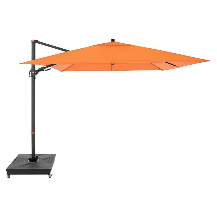 Doppler Ampelschirm myZone AX - Orange, Bespannungsmaß (L x B): 280 x 280 cm - Oranger Ampelschirm mit quadratischem Dach, dunkelgrauem Mast und rollbarem Fuß.