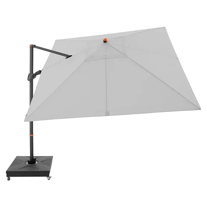 Doppler Ampelschirm myZone AX - Hellgrau, Bespannungsmaß (L x B): 280 x 280 cm - Ein eleganter, freistehender Sonnenschirm in Grau mit einem robusten, schwarzen Sockel für den Außenbereich.