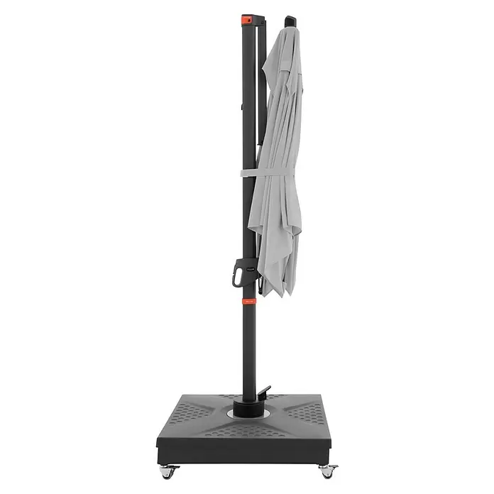 Doppler Ampelschirm myZone AX - Hellgrau, Bespannungsmaß (L x B): 210 x 210 cm - Geschlossener grauer Ampelschirm mit dunkelgrauem Gestell auf quadratischem Rollfuß.